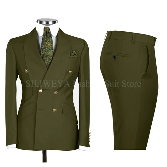 Gold Men Business Casual Men's Suits Jacket Pants Set Male Blazer Coat Pants 2PCS Slim Fit Suits