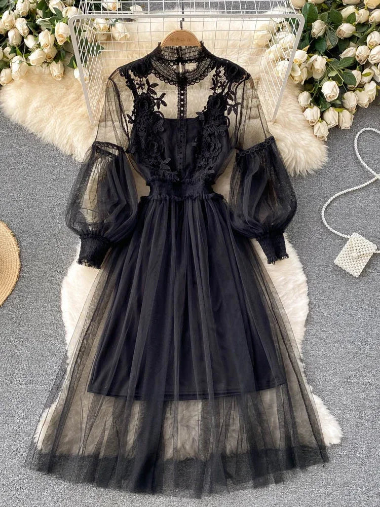 Ladies Dress Three-dimensional Flower Hook Mesh Stand Collar Lantern Sleeve High Waist Female Dresses