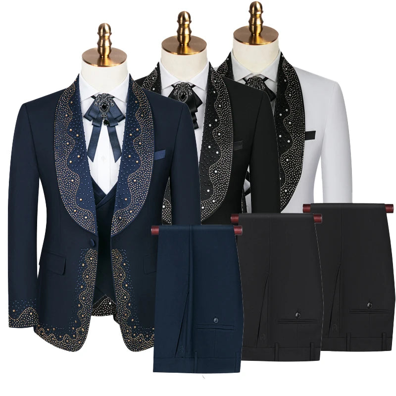 High-grade Light Luxury Men's Suits Set 3 Pieces, Wedding Host Banquet Performance Party Blazer with Pants Vest