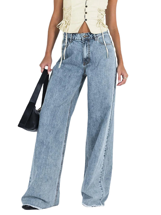 Women Wide Leg Jeans Trousers Solid Color Button Fly Casual Loose Pants for Work Office Streetwear