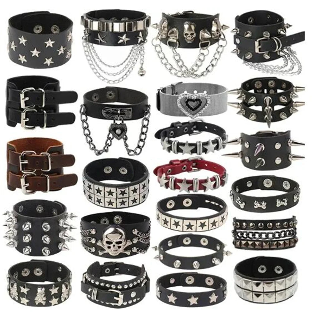 Punk Hip Hop Rock PU Leather Bracelet Unisex Trendy Chain Skull Pentagram Rivet Bracelet