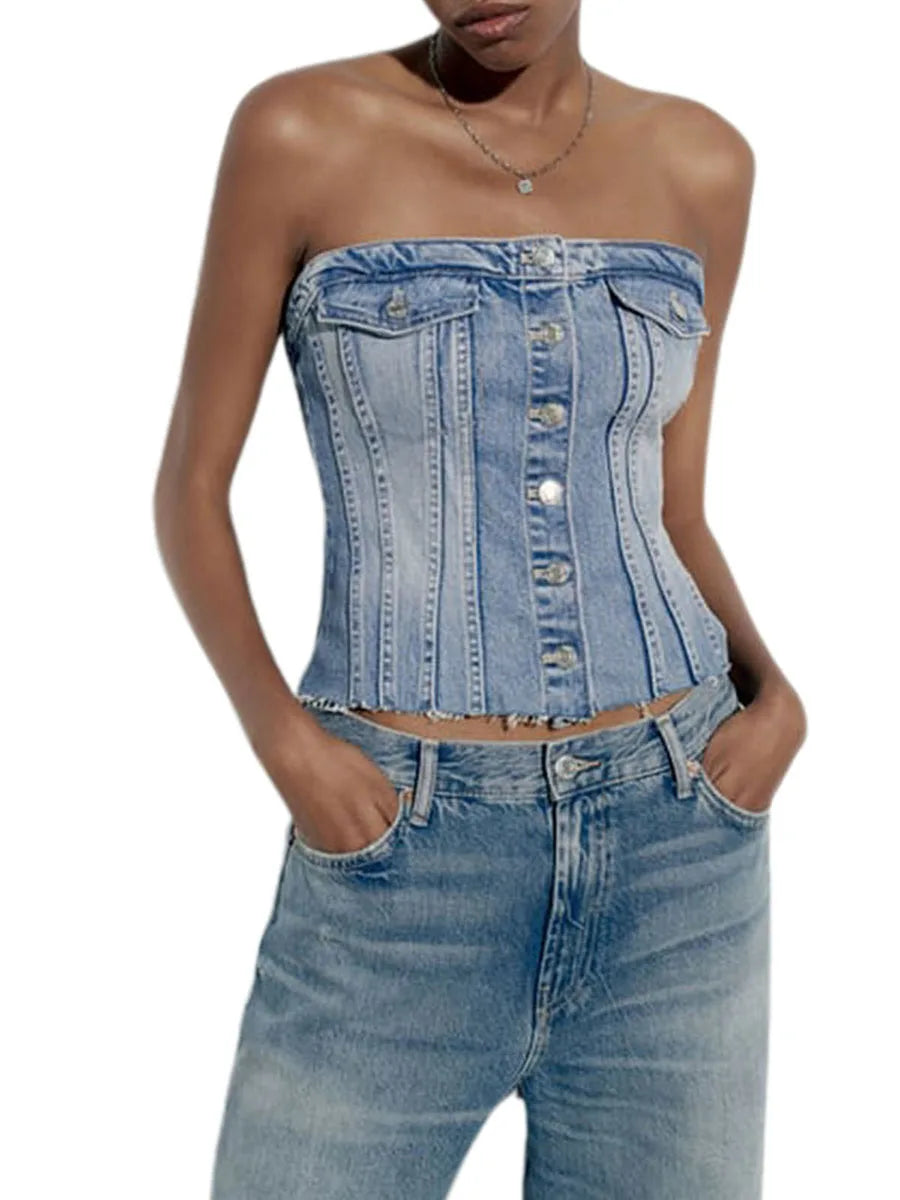 Women s Fitted Tube Tops Blue Sleeveless Off Shoulder Denim Bandeau Summer Clothes