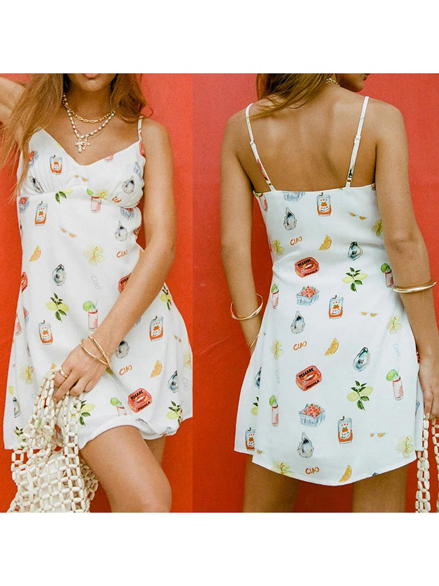 Floral Print Spaghetti Strap V-neck Backless A-line Dress