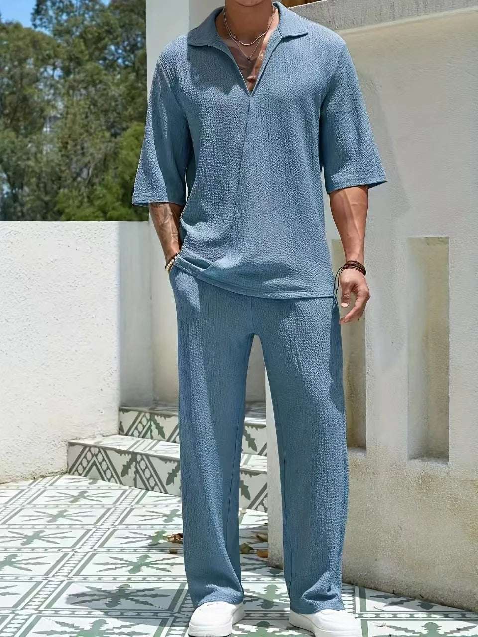 Spring new men's suit-collar commuter casual shirt Fashion retro high-quality solid color half-sleeve pants two-piece set