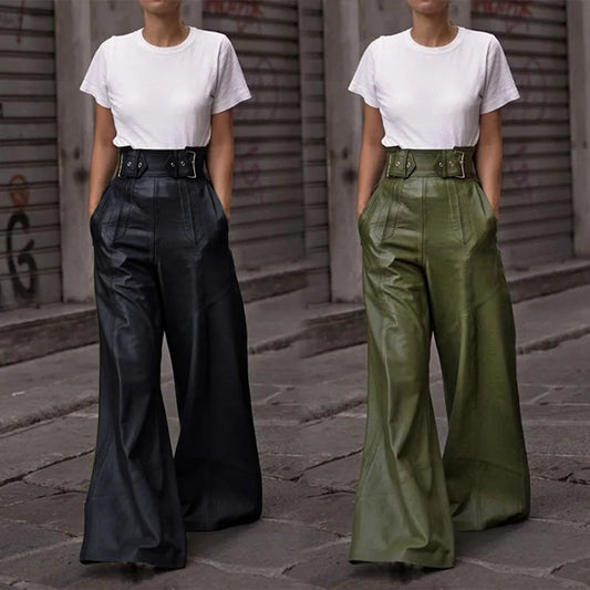 Casual Loose Leather Pants High Waist Wide Legs Solid Pocket Flare Pants