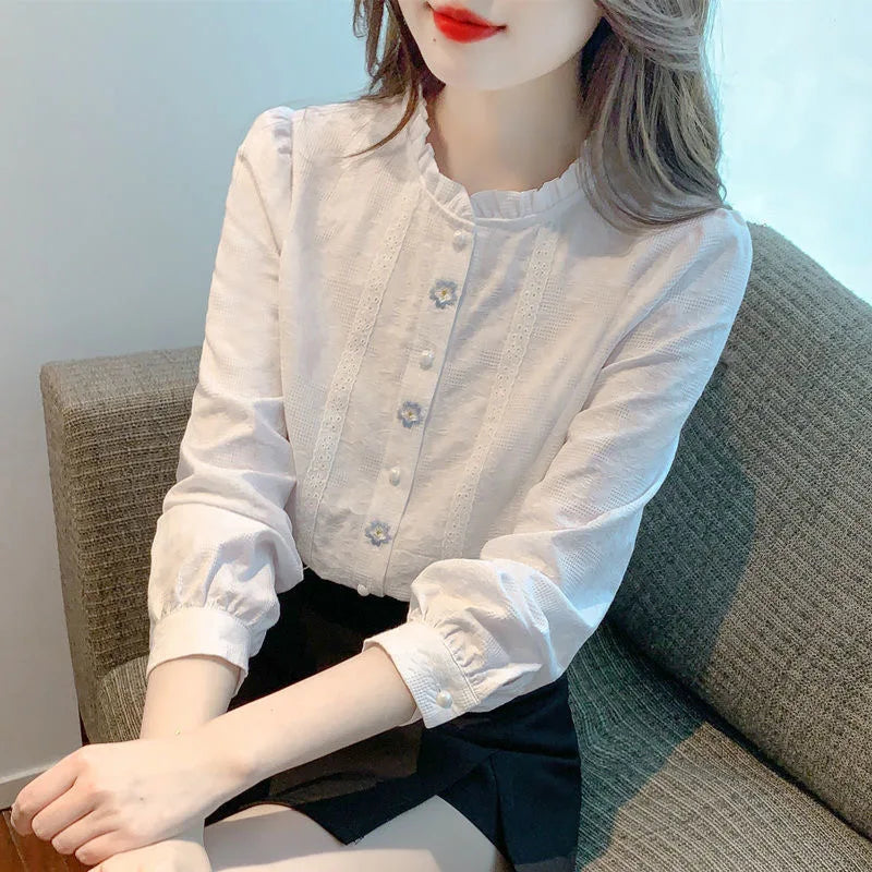 Embroidery Women's Spring Autumn Blouses Lady Casual Long Sleeve Stand Collar Solid Color