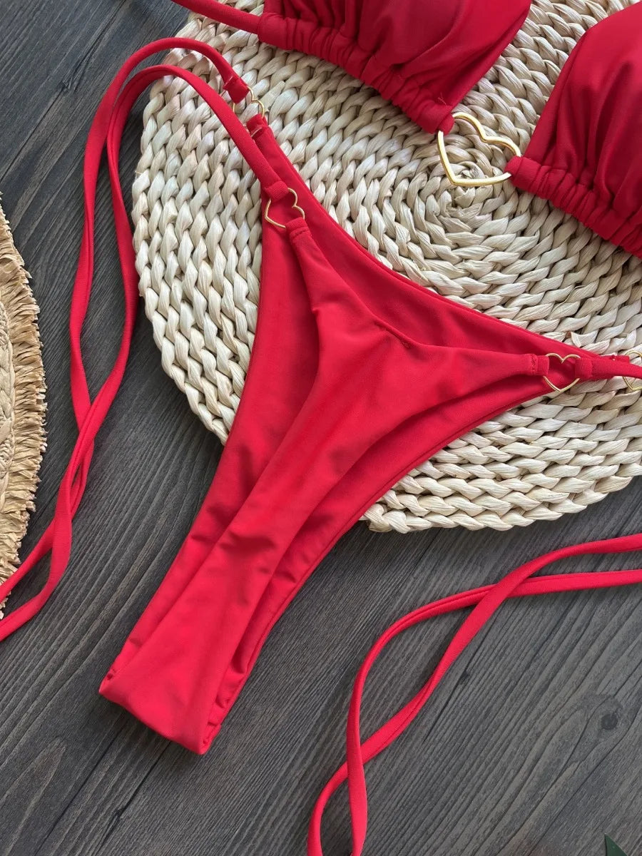 Red Solid Color Bikini Set for Women Triangle Cup Halter Backless Swimsuit  Beach Vacation Thong Swimwear
