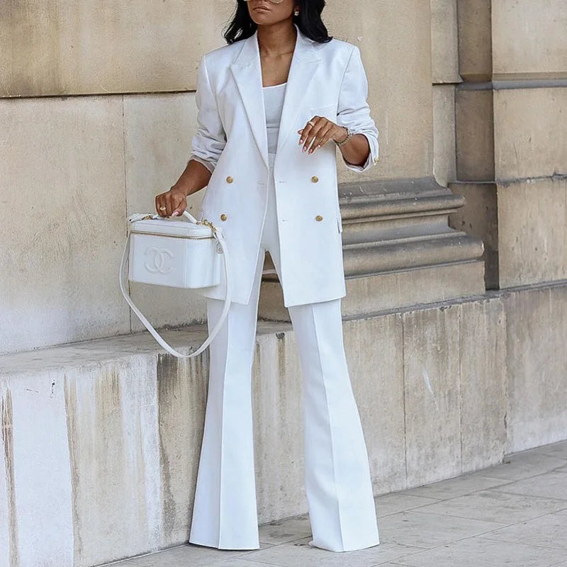 Elegant Women's Double Breasted Long Sleeve Blazers with Pocket and Flare Pants Suit Matching 2 Piece Set Outfits