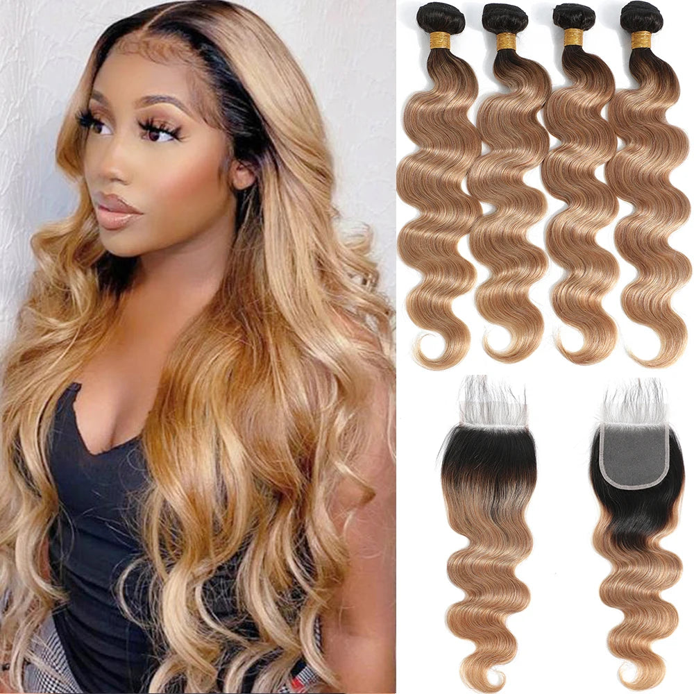 10A Brazilian Bundles with Closure Body Wave Bundles Human Hair With 4x4 Lace Closure Brown Blonde Colored 3/4 Weave Extensions