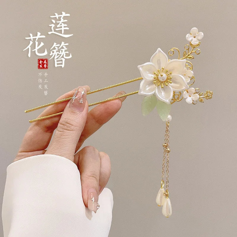 Elegant Chinese Style Hair Accessory Romantic Enameled Flower Tassel Hair Pin Alloy Jewelry Hairpin For Women Fashion Hairpin
