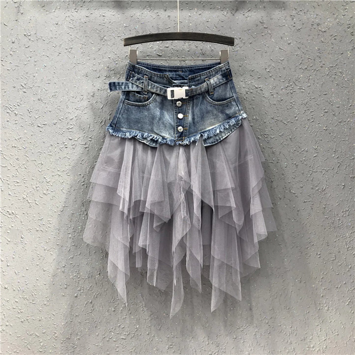 Skirt Women Aesthetic High Waist Denim Tulle Skirt Irregular Hem Belted Button Down Raw Edge A-Line Pleated Skirt