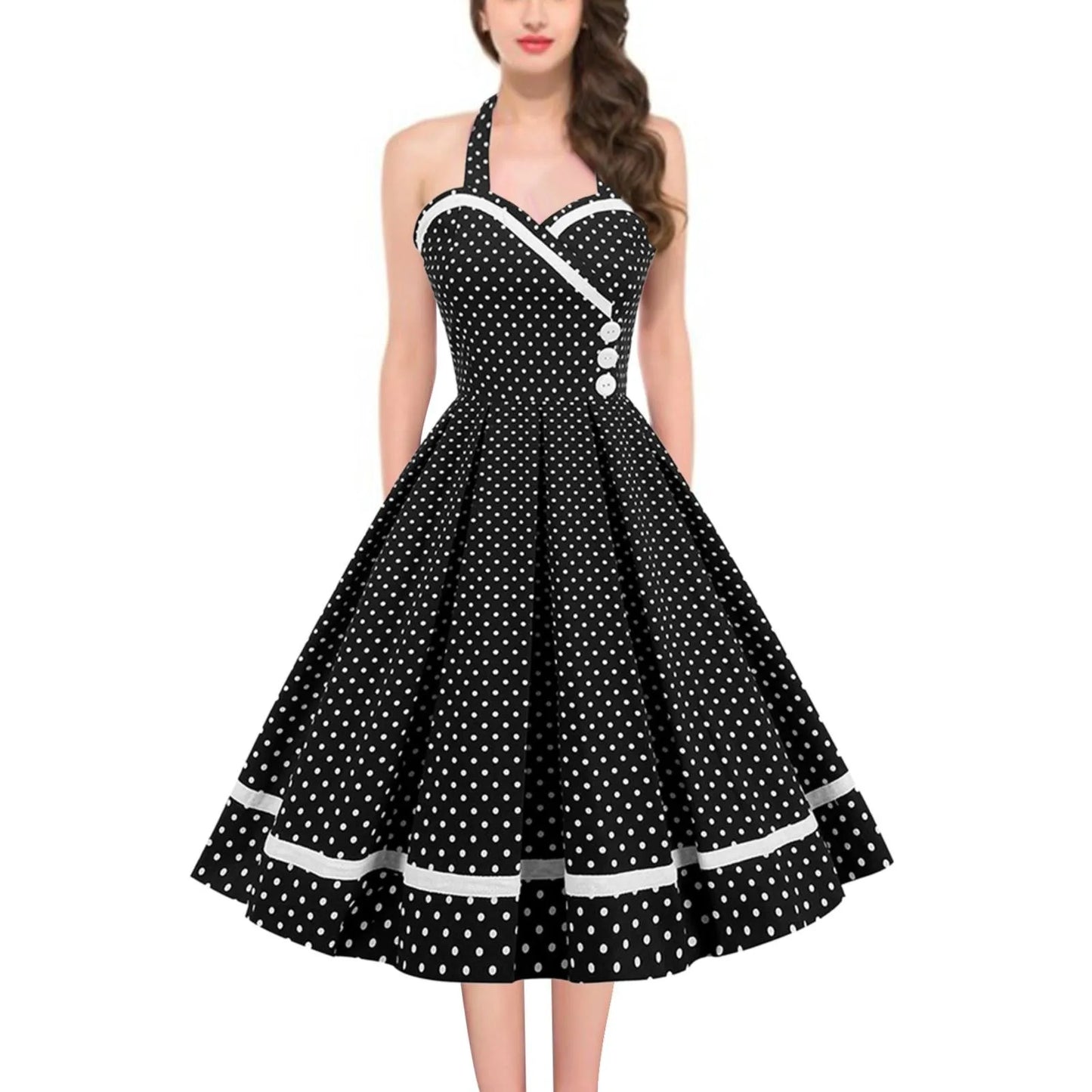 Halter Backless Pleated Big Swing Dresses Women Summer Retro 50s 60s Rockabilly Party Vintage Dress Pinup Elegant Evening Dress