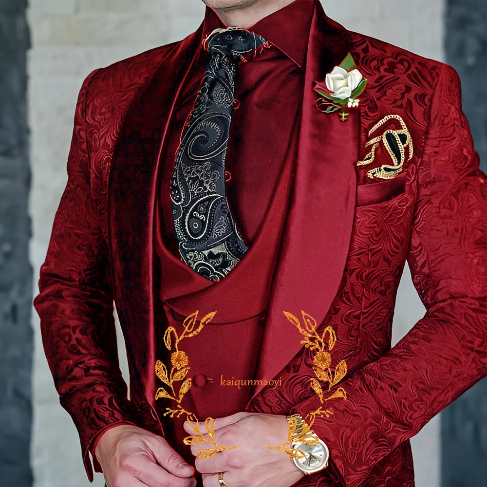 Jacquard Elegant Men's 3 Piece Suit Set Wedding Groom Tuxedo Jacket Pants Vest Formal Party Dress