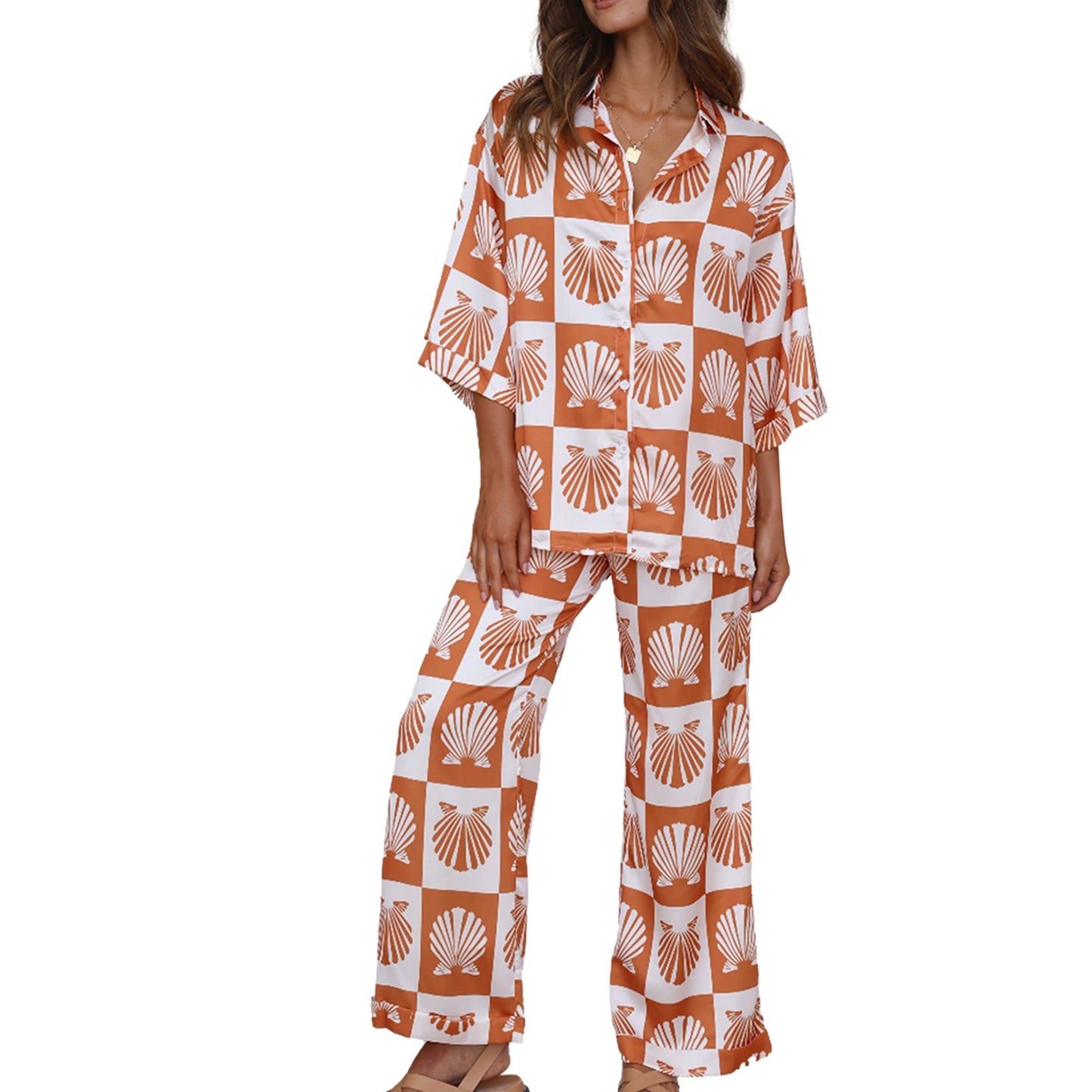Women’s 2 Piece Pajamas Set Cute Seashell Print 3 /4 Sleeve Button Up Shirt Pants Set Loungewear