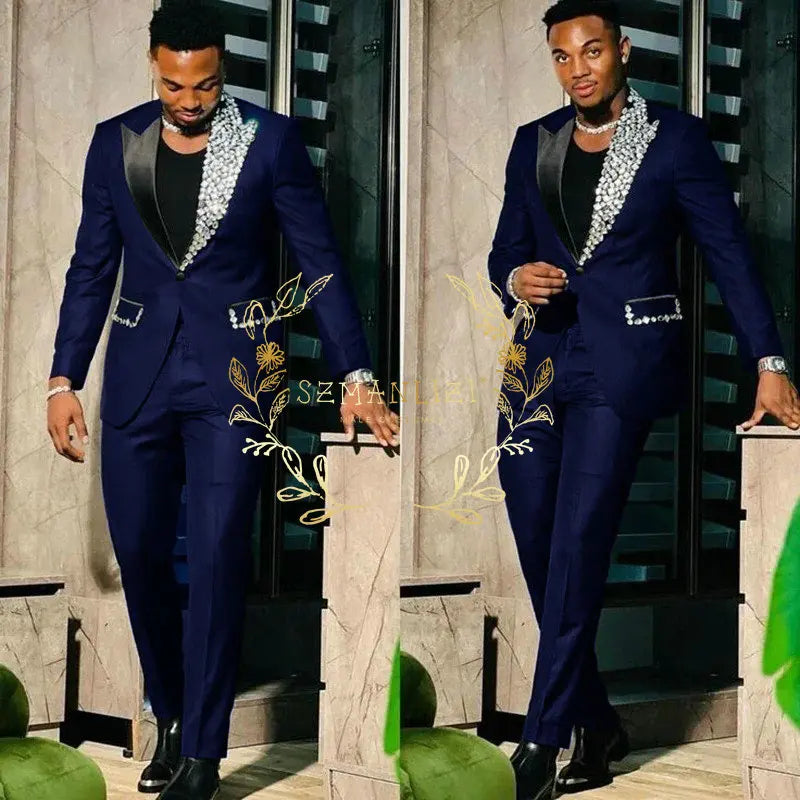 Suits for Men Slim Fit Single Breasted Peak Lapel Blazer High Quality Crystal Prom Party 2 Piece Jacket Pants Sets Terno