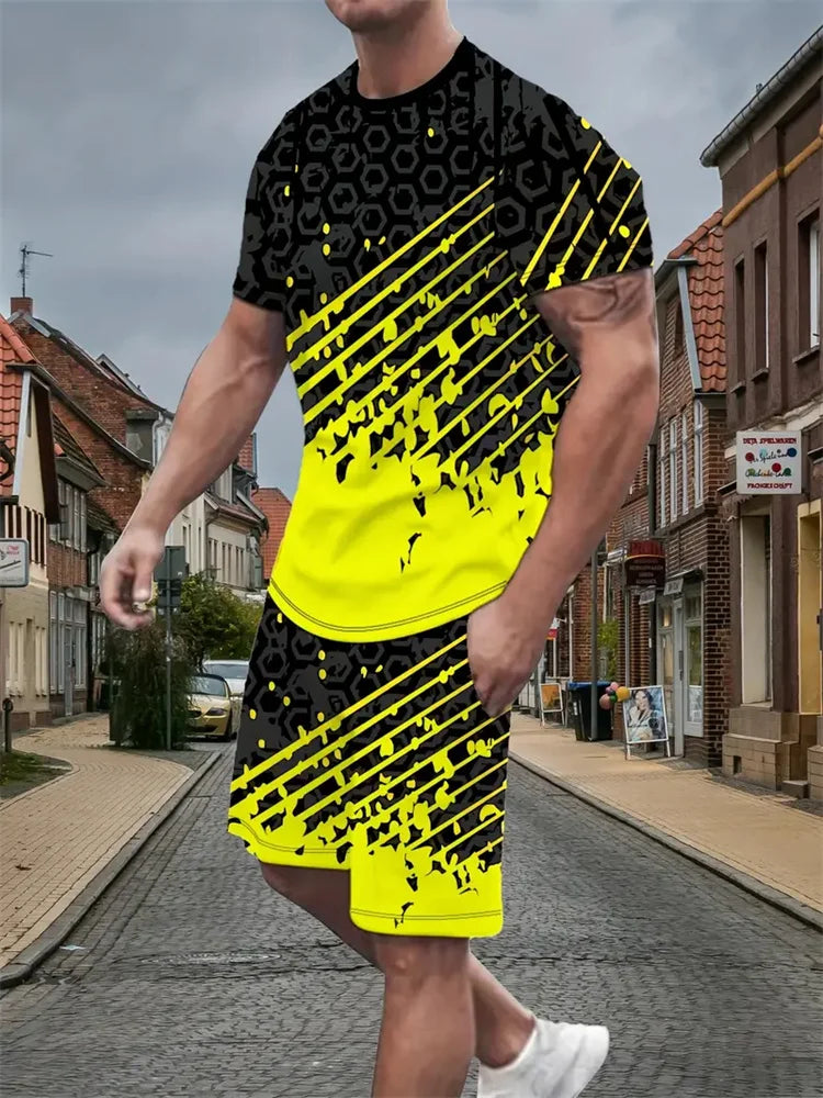 Men's Short-sleeved Shorts Suit Summer Fashion Round Neck T-shirt, Shorts Two-piece Street Shooting Casual Clothing