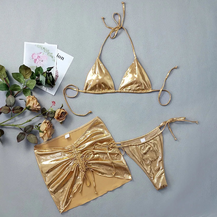 Bright 3-piece Swimsuit Women summer Bikini mini Triangle Cup Low Waist Lace-up Thong Beachwear with skirt cover