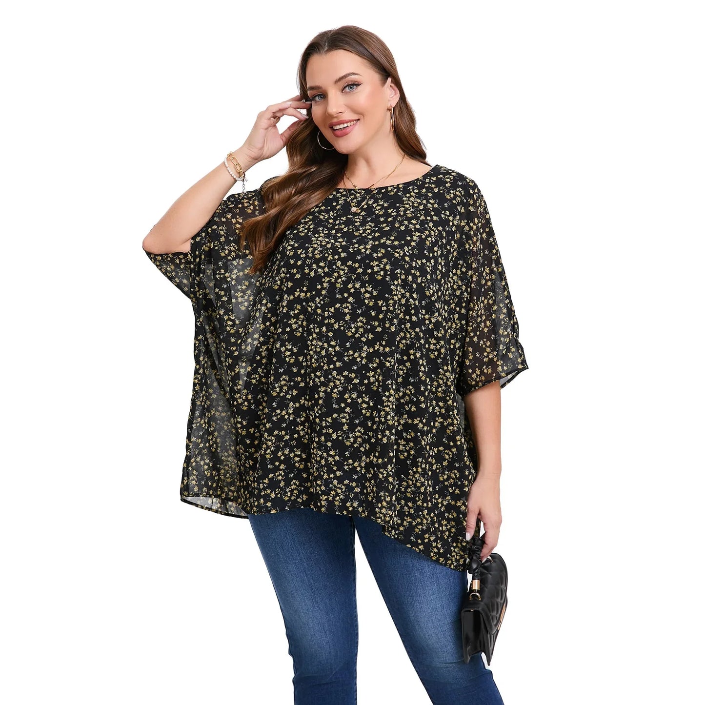 Summer Blouse Batwing Sleeve Oversized Chiffon  Scoop Neck  Casual