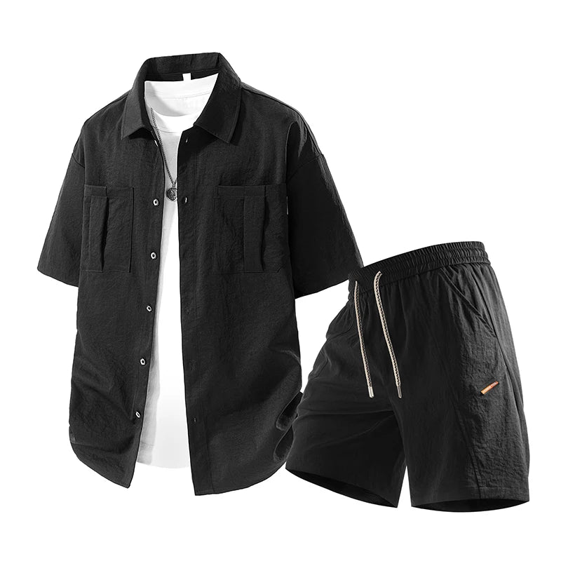 Summer Suits Men Plus Size Chest Pockets Sets Shirts Shorts Fashion Casual Polyester Tracksuit Male Clothes Big Size