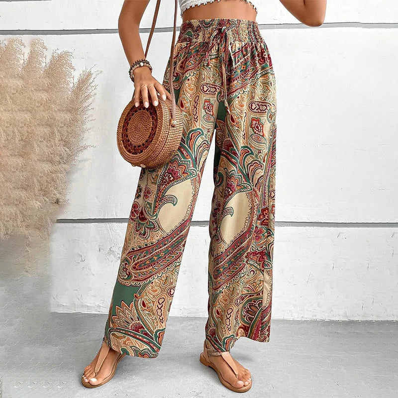 Summer Printing Wide Leg Pants for Women Straight Trouser  Fashion Elastic Waist Versatile Breathable