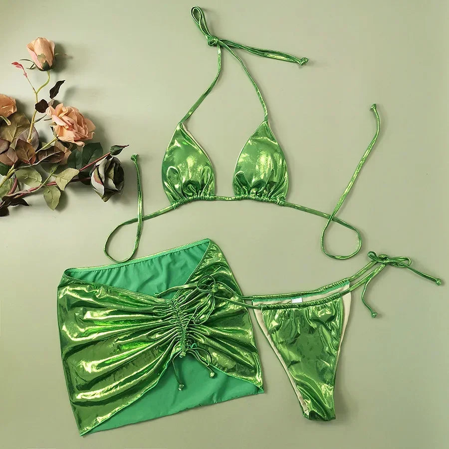 Bright 3-piece Swimsuit Women summer Bikini mini Triangle Cup Low Waist Lace-up Thong Beachwear with skirt cover