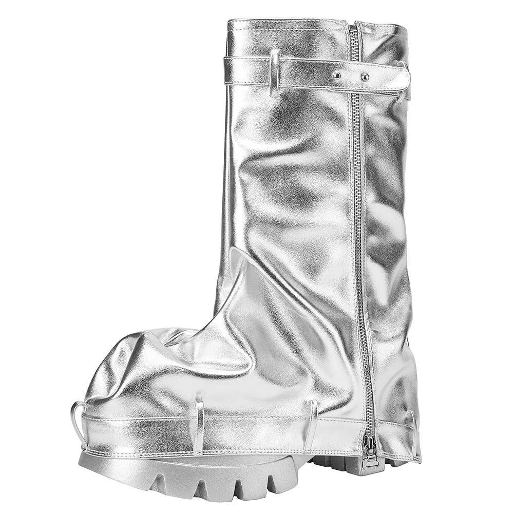 Slouchy Boots Wide Calf Pleated Platform Glitter Metallic Silver Chunky Heel Stacked Pull On Mid Calf