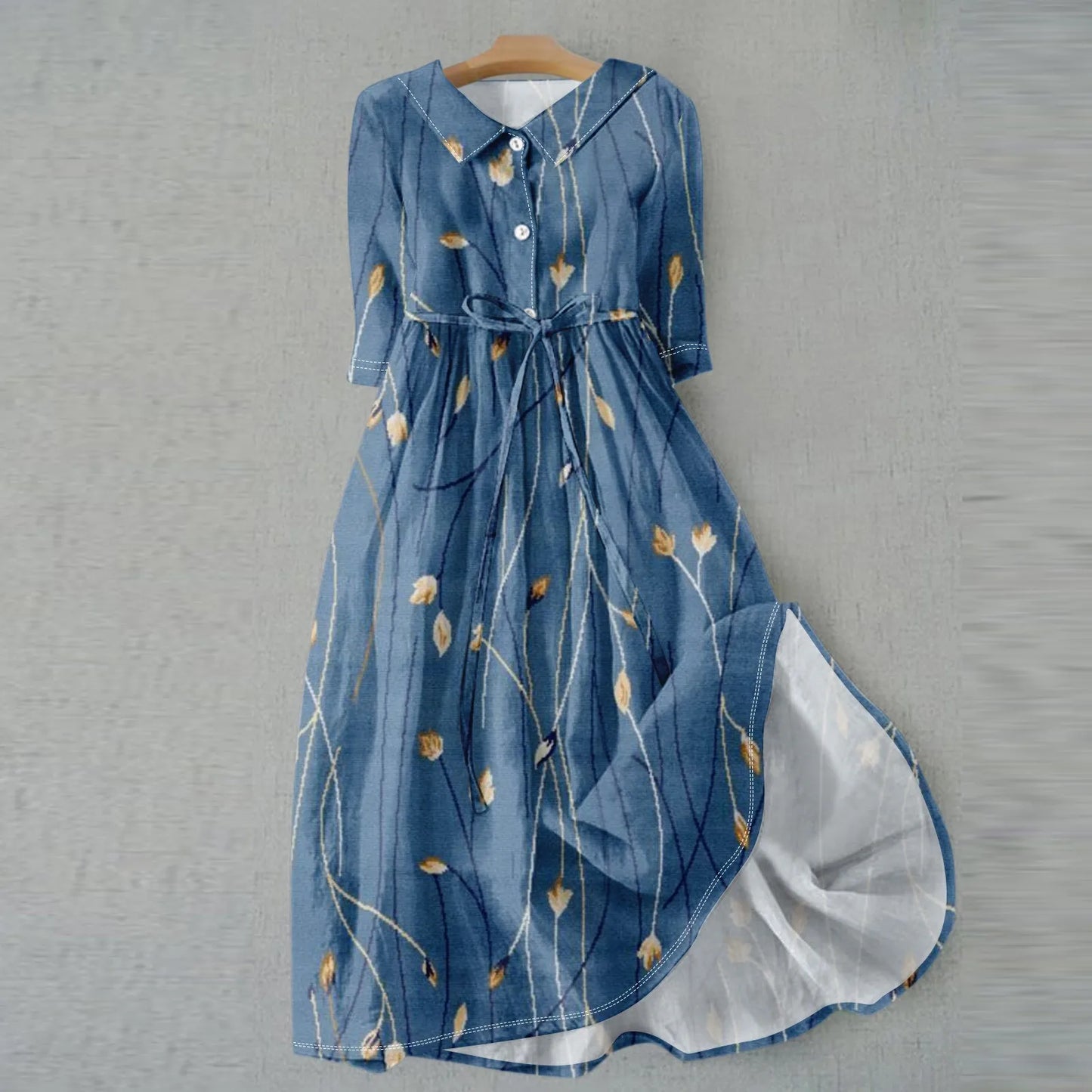 Floral Elegant  Lapel Button Evening Party Dresses Three Quarter Sleeves Formal Wear Mid-Calf  Summer Dress