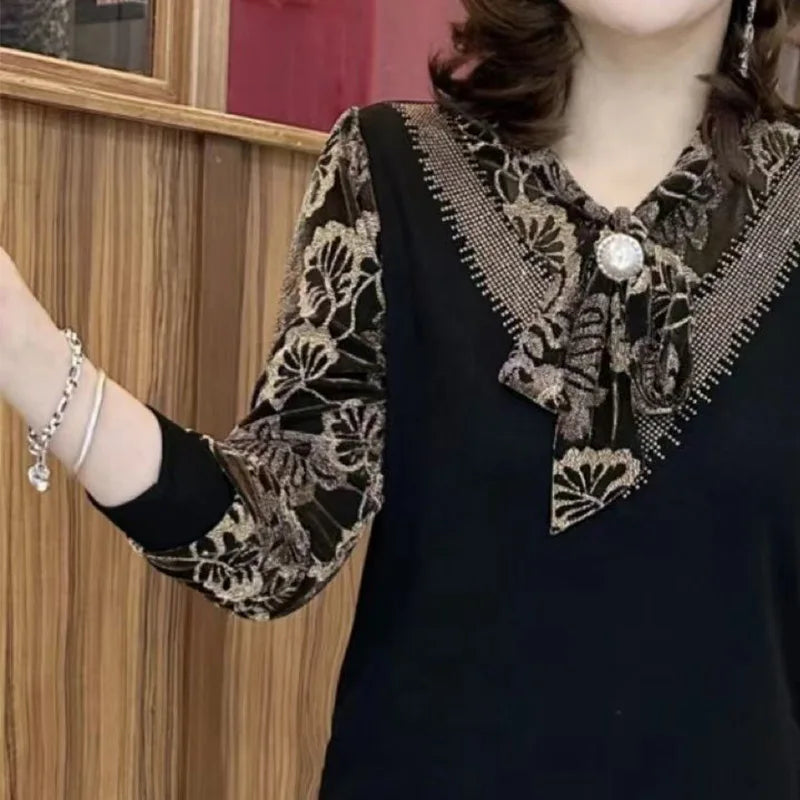 Loose Casual Office Retro BOW Chiffon V Neck Long Sleeve Chic Tops