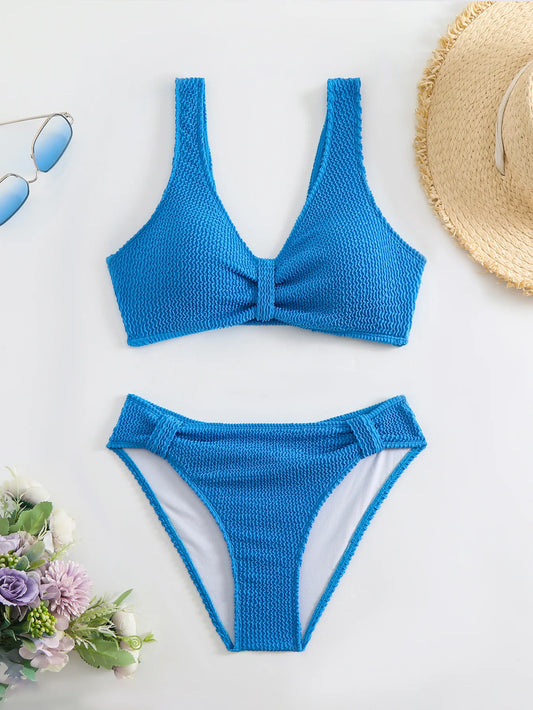 Summer Women's 2 Piece Swimsuit Solid Color High Waist Bikini Set V-neck Backless Beach Vacation Bathing Suit Swimwear