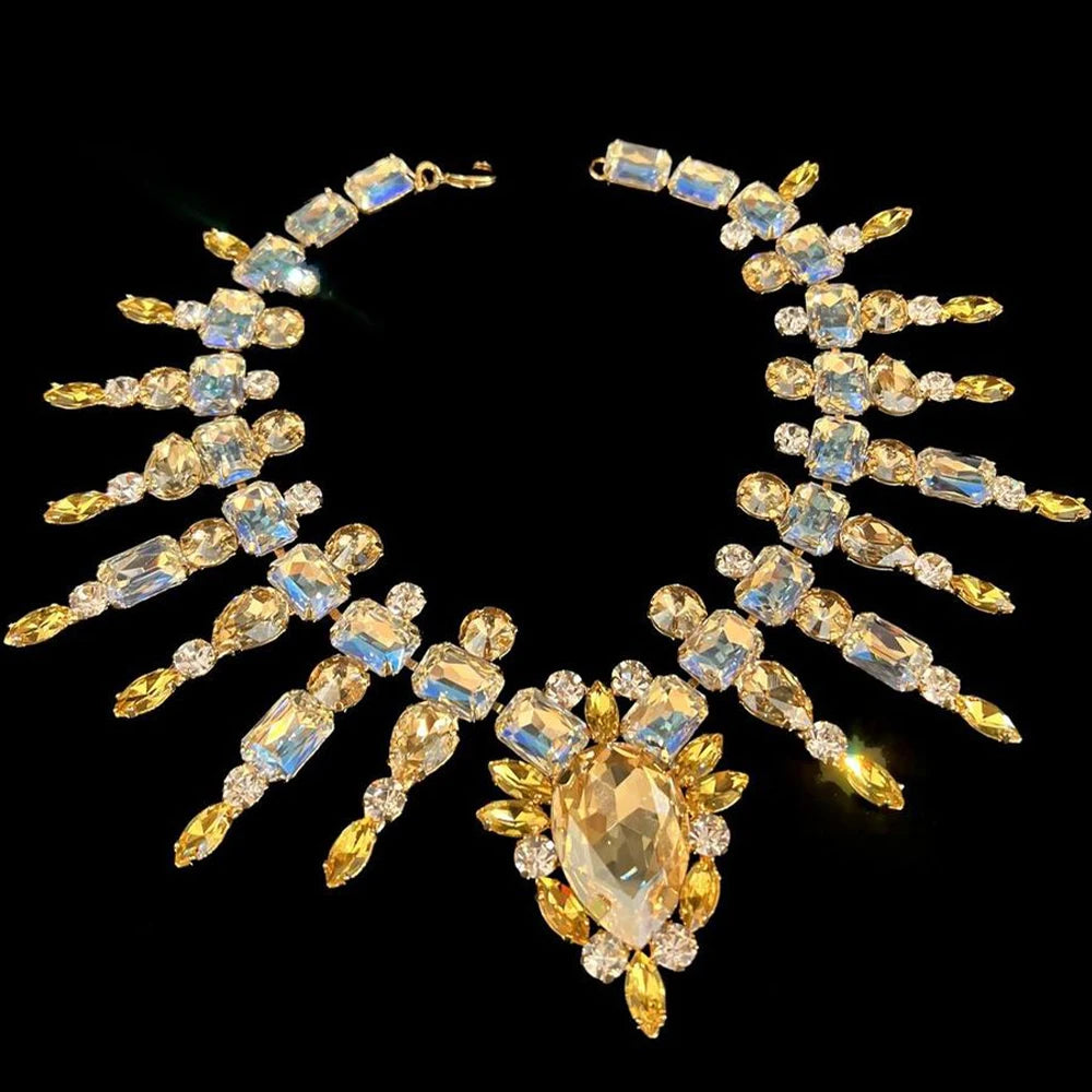 Large Bling Yellow Rhinestone Necklace  Boho  Accessories Crystal Necklace Collar