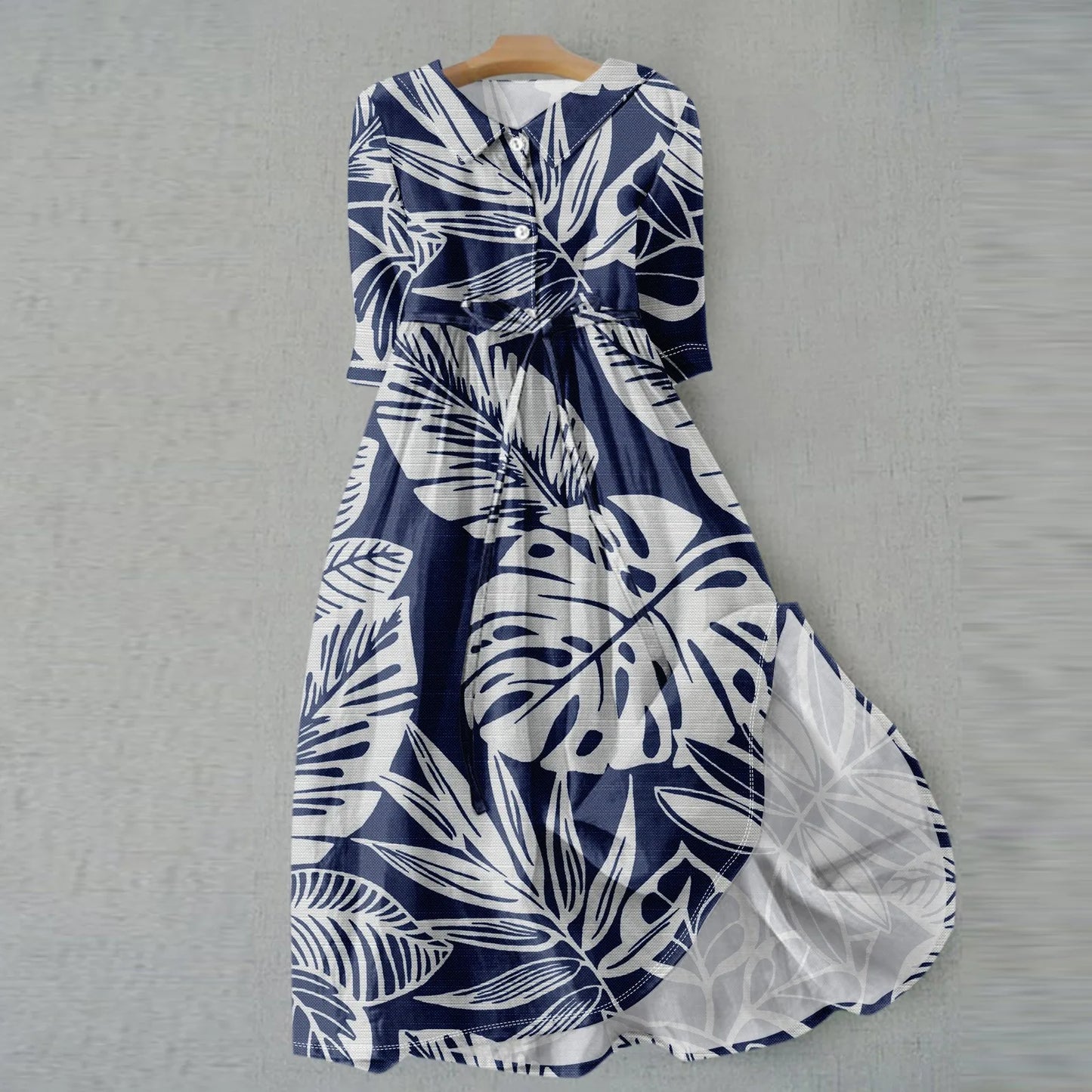 Floral Elegant  Lapel Button Evening Party Dresses Three Quarter Sleeves Formal Wear Mid-Calf  Summer Dress