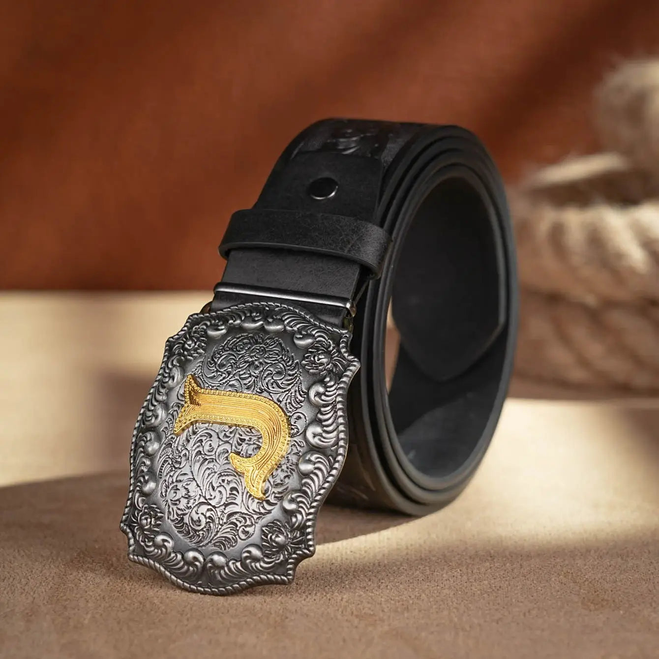 Western Cowboy PU Leather Belt  Waist Strap Bull Decoration Floral Engraved for Jeans