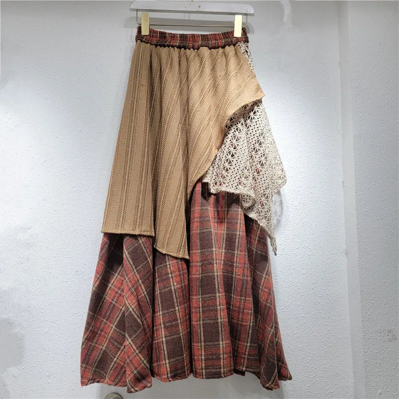 Elastic High Waist Patchwork Irregular Plaid Printed Causal A-line Long Skirts