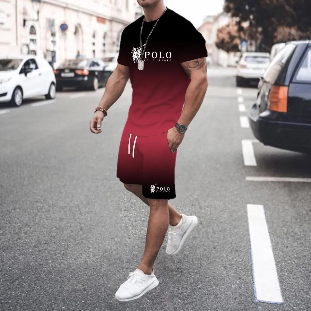Trendy and fashionable street style 3D men's gradient letter print pattern suit T-shirt casual T-shirt shorts two-piece set