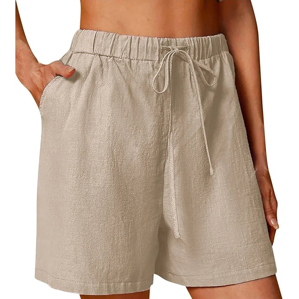 Women's Summer Casual Shorts Drawstring Solid Color Cotton Linen Short Pants Female Loose Straight