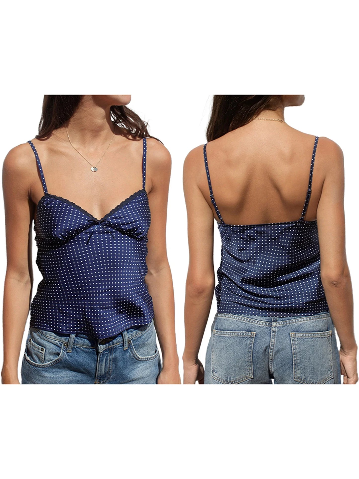Sleeveless Polka Dot Print Lace Trim Crop Top Spaghetti Strap Camisole  Lingerie