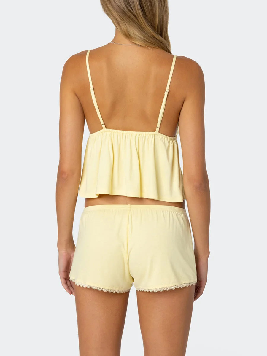 Women s Sleeveless V Neck Pajama Set with Lace Trim Shorts Summer Lounge Wear Cami Tops Sleepwear Set