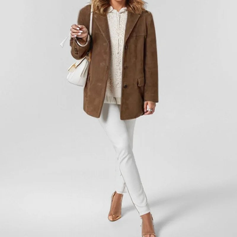 Brown Lapel Pocket Suede Leather Jacket Single Button Long Sleeve