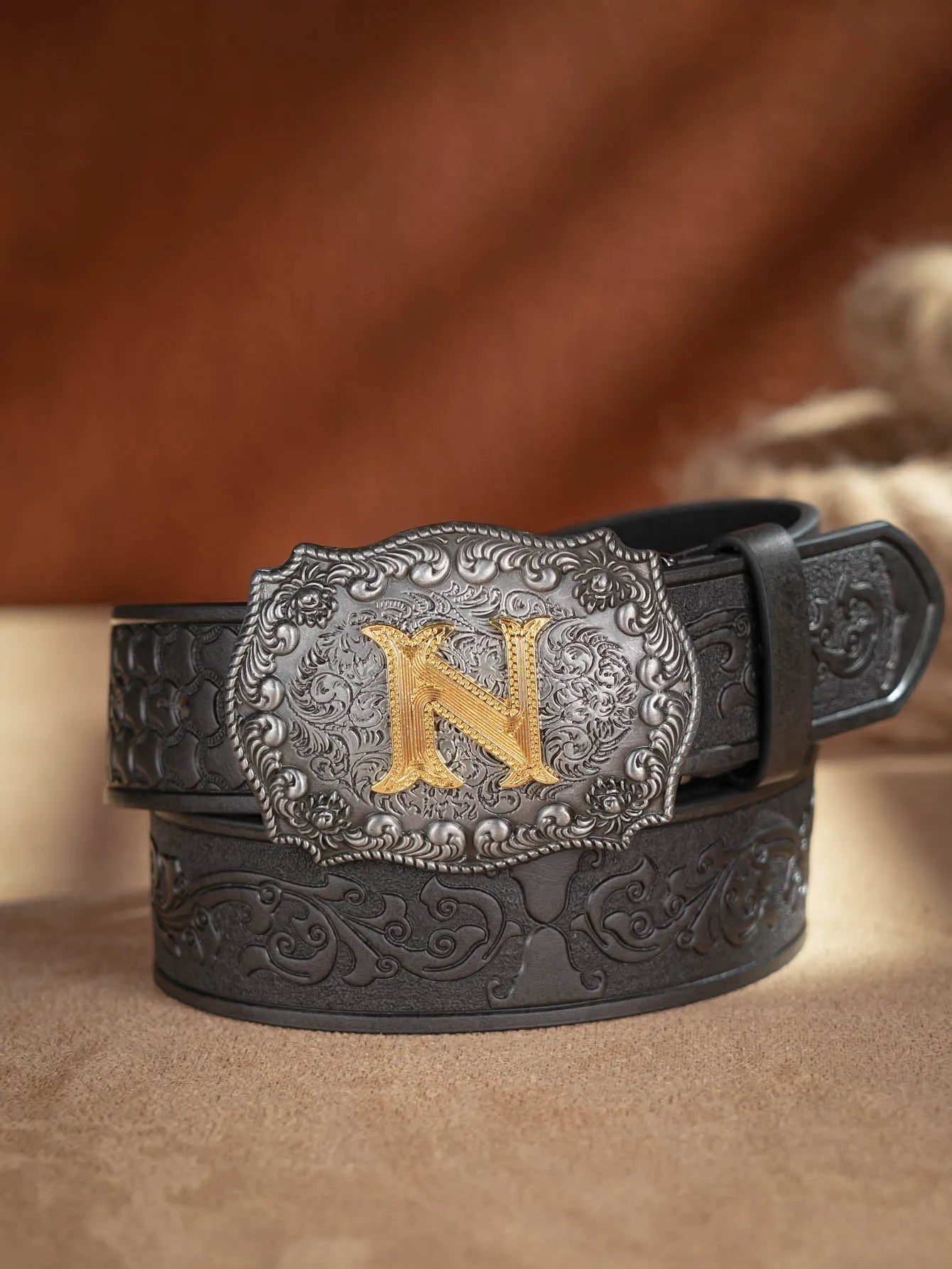 Western Cowboy PU Leather Belt  Waist Strap Bull Decoration Floral Engraved for Jeans