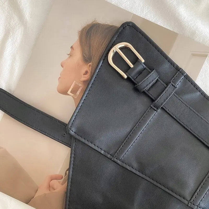Classic Pin Buckle Wide Belts Black Elastic PU Waistband Trendy Corset Waspie Belt Classic Dress Girdle For Women