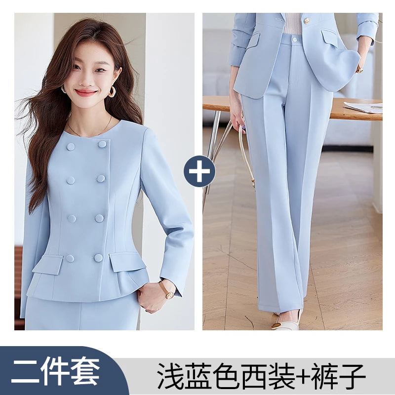 2 Piece Set Women's Double Breasted Blazer Elegant A Line Knee Length Slit Skirts OR Slacks Women's Work Wear