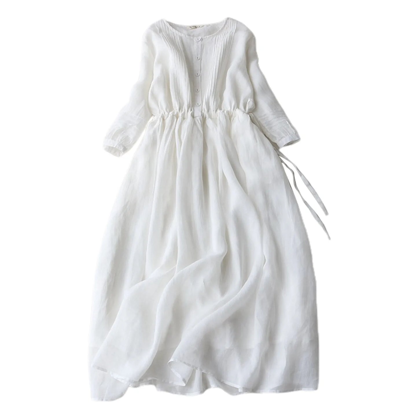 Summer Women's Loose Linen Long Dress Elegant Vintage Elastic Tunic Waist Casual Baggy Dress Female Sundress