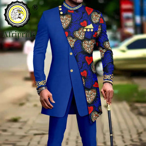 African Style Suits for Men Embroidery Print Blazer and Pants Set Business Dress Suit with Kerchief Party Wedding Evening