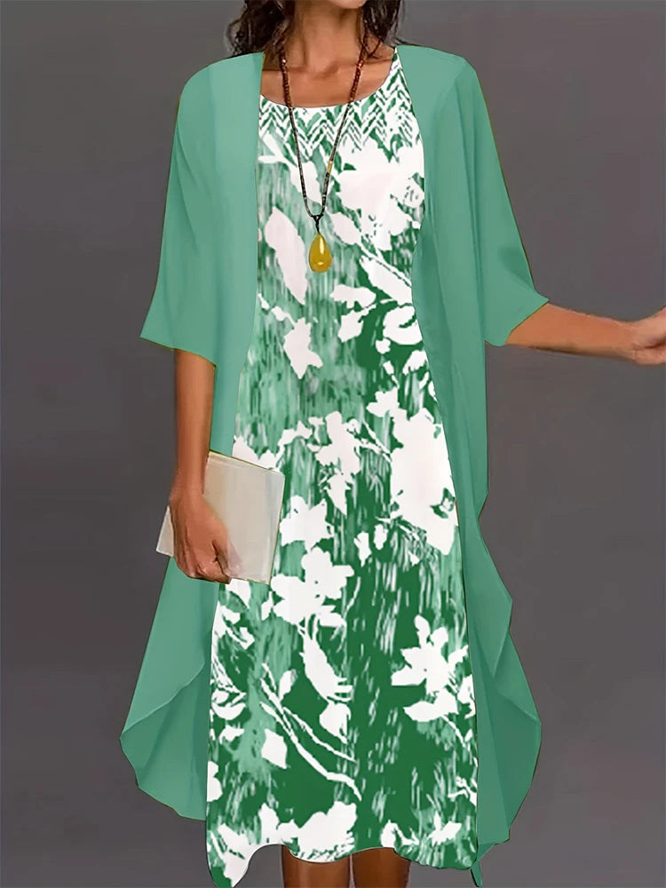 Plus Size Women's Floral Printed Long Dress Printed Pattern Two-piece Dress Round Neck  Elegant Dress