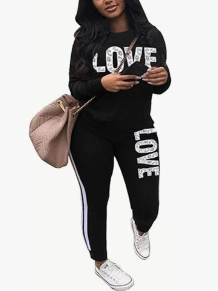 Women Two Piece  Round Neck Pullover Top with Long Pants Casual Outfit