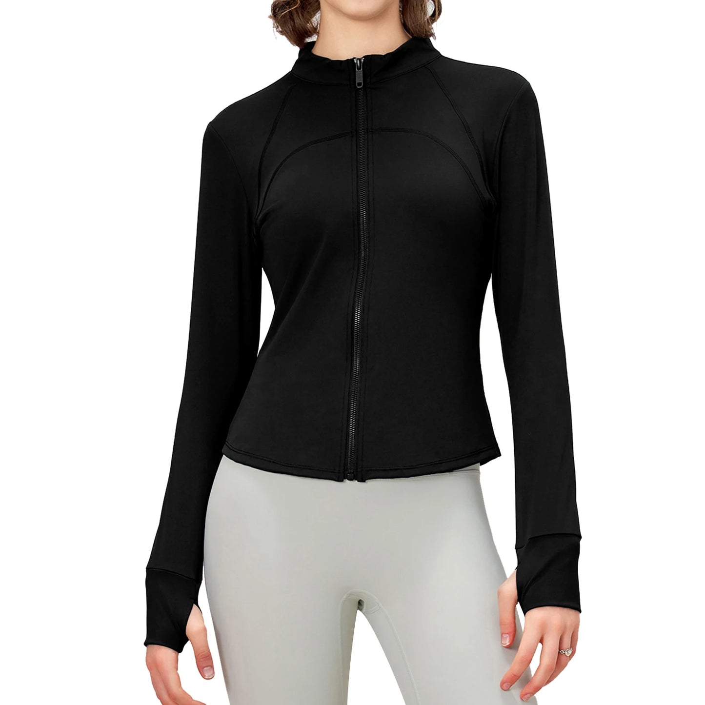 Full Zip Yoga Jacket with Solid Color Long Sleeves Stand Collar  Fit and Thumb Holes for Active Wear