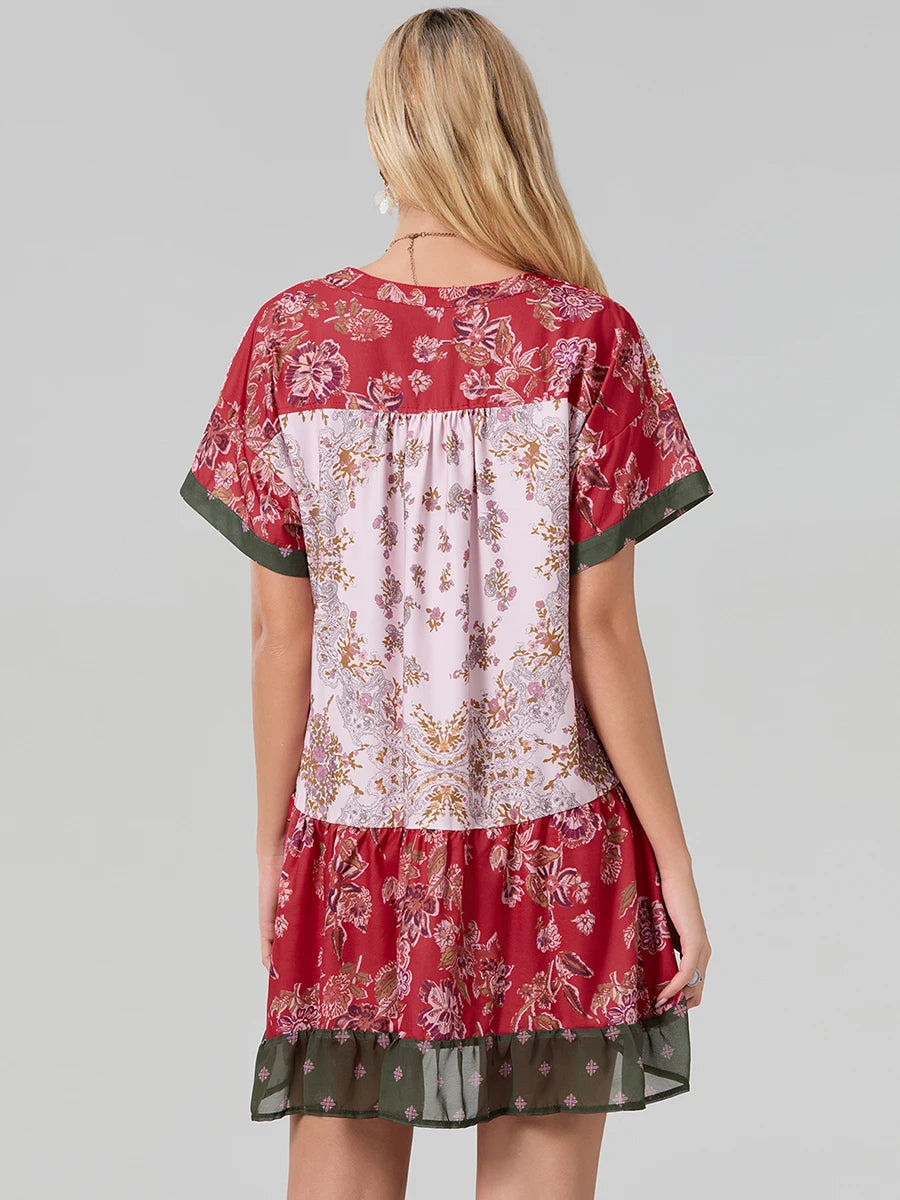 Women s Sleeveless Dress with Ruffle Hem in Tropical Print Summer Boho Beach Dress with Pockets