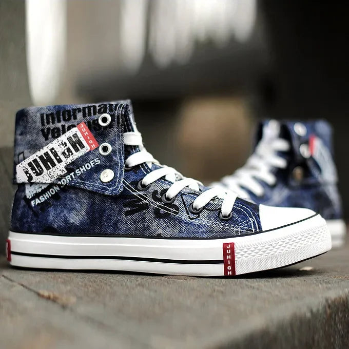 Men's High-top Canvas Shoes Black Denim Blue Denim Color Turn-down Trendy Shoes Casual Breathable Board Summer