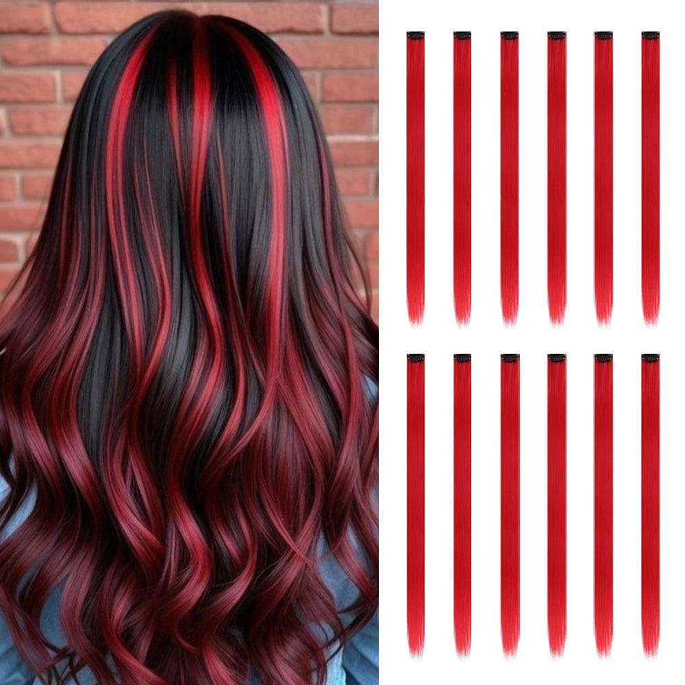 22 inches12pcs/pack Colored Party Synthetic Clip in Hair Extensions  Multi-colors Straight Hair Synthetic Hairpieces