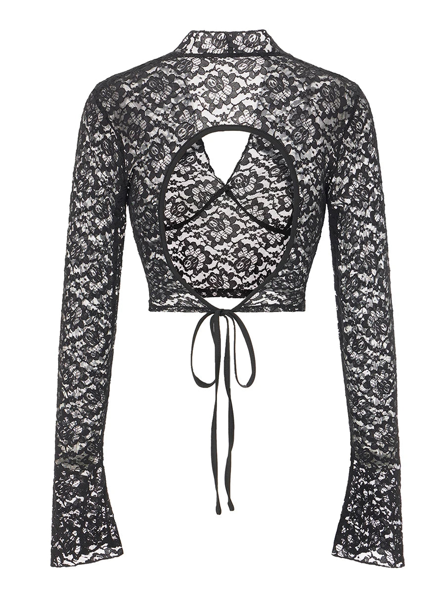 Elegant Lace Tops with Flared Sleeves and Tie-Up Back Detail for Women s Casual Chic Blouses